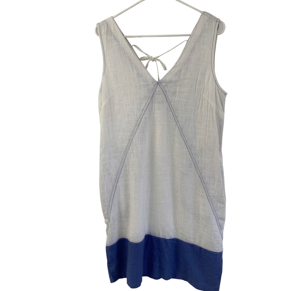 Next Linen Blend Shift Dress White Blue Colorblock V-Neck Tie‎ Back Size UK 12